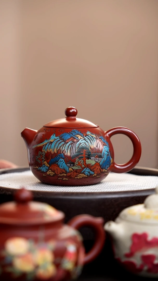 茶壶紫砂朱泥西施彩刻山水