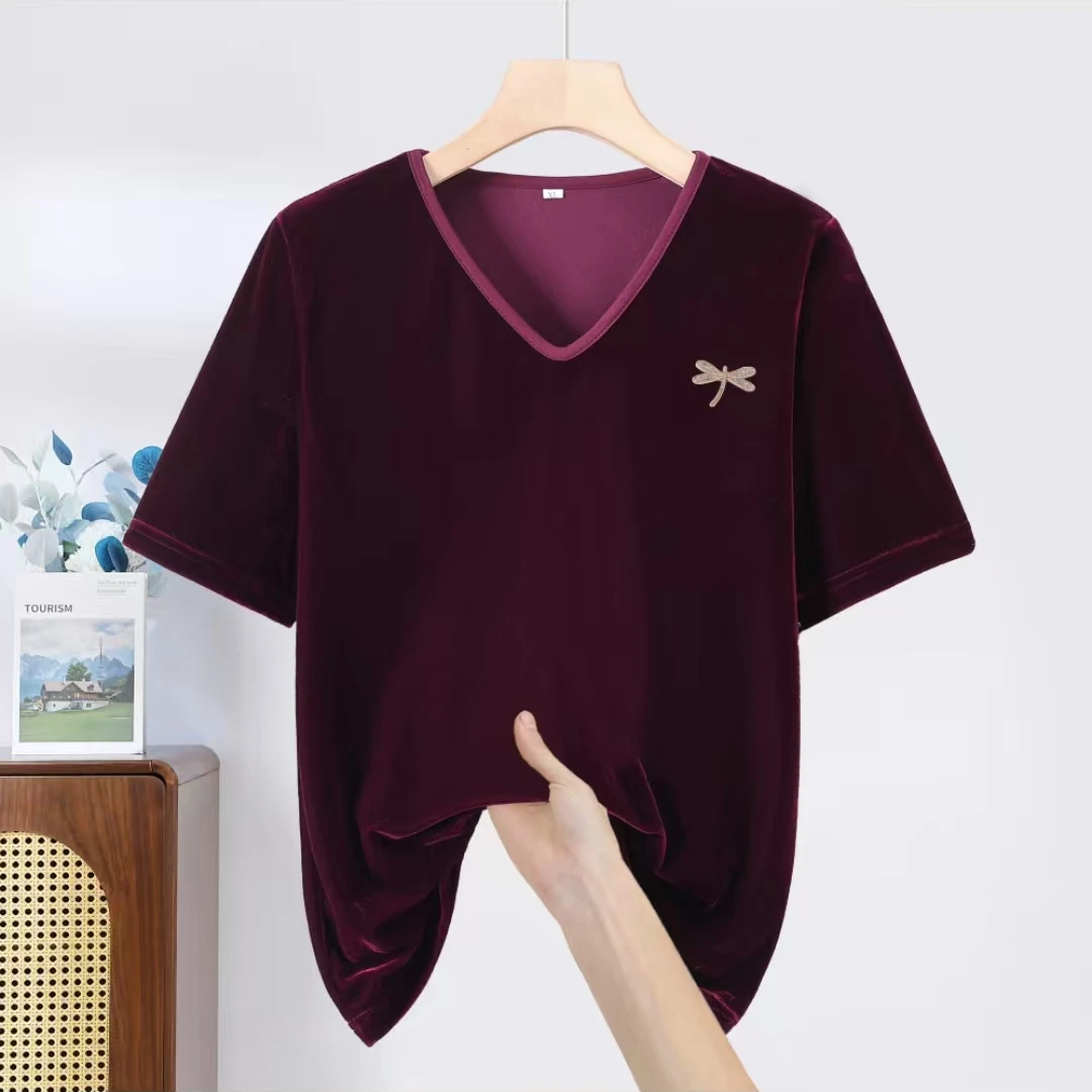 2613欧货V领丝绒短袖洋气百搭上衣