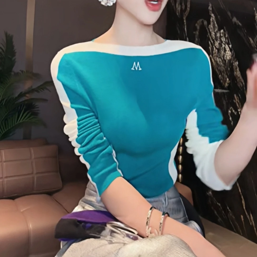 天生直角肩拼接圆领长袖T恤打底衫+女装皮裤长裤YY-80029