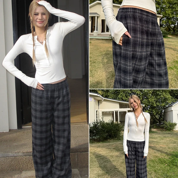 Audwyn英伦格纹直筒裤子慵懒舒服磨毛显瘦复古格子裤宽松休闲长裤