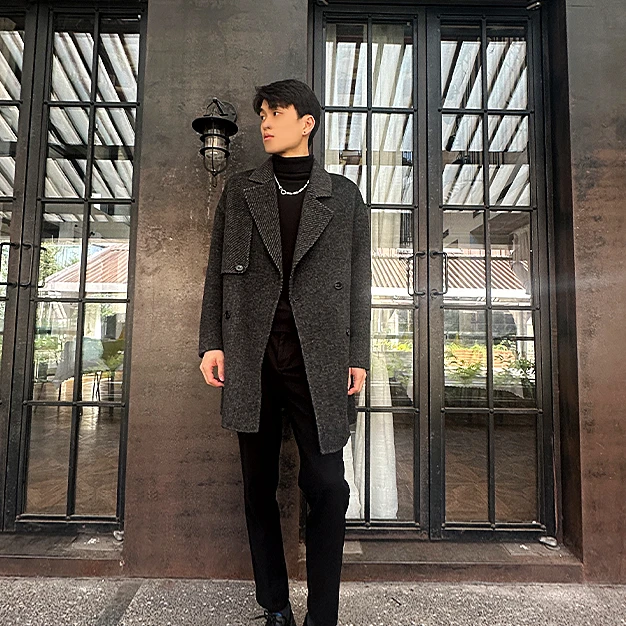 【中长款】冬季斜纹双面大衣男士加厚拼接毛呢绵羊毛百搭设计感外套