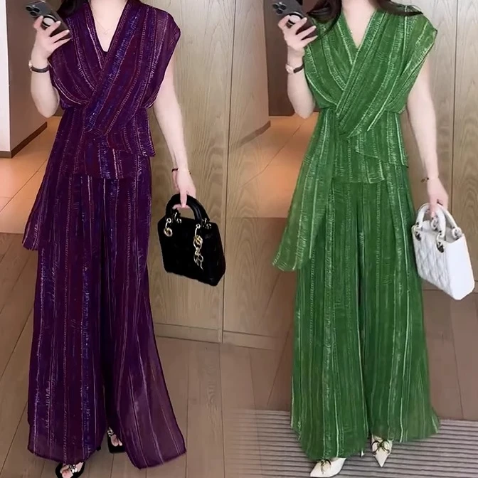 高级感雪纺时尚套装女夏季新款收腰无袖上衣阔腿裤气质穿搭一整套