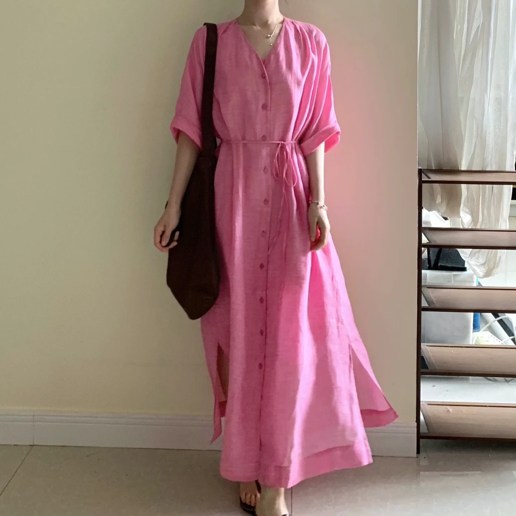 2025年法式温柔夏季多巴胺麻粉色连衣裙宽松显瘦气质长款裙子