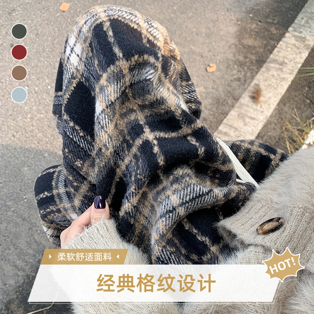 藏青色加绒格子阔腿裤裤子女秋冬2025新款高腰垂感休闲加厚毛呢裤