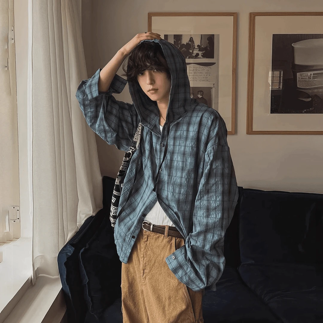 长袖防晒衣宽松型格子印花复古连帽衬衫慵懒上衣百搭韩版港味休闲