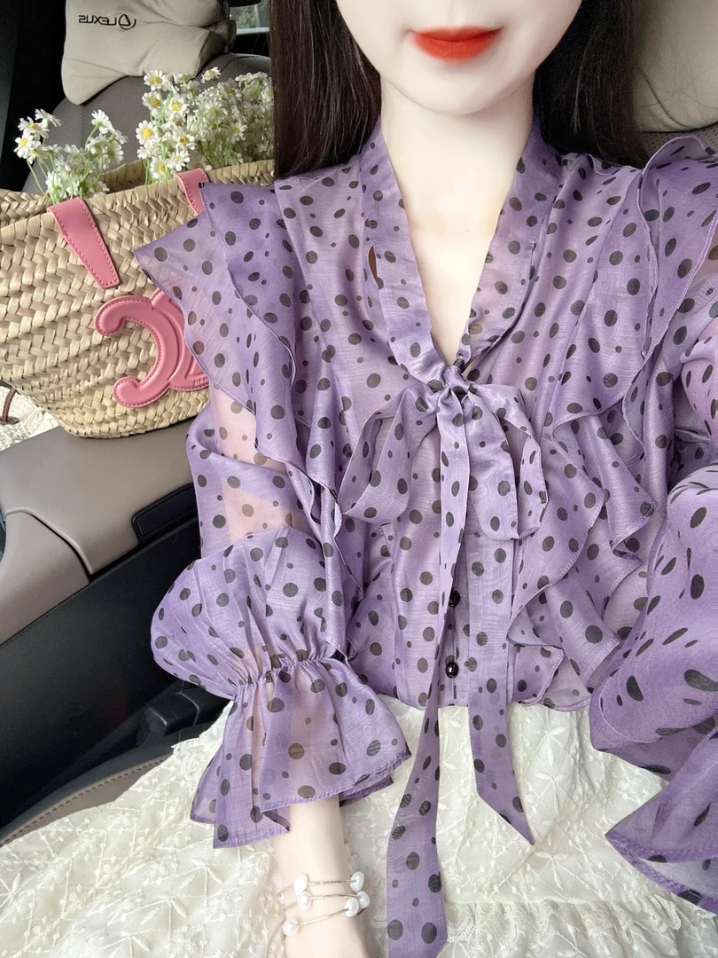 紫色波点设计感荷叶边衬衫女2025春季新款气质蕾丝半身裙两件套女