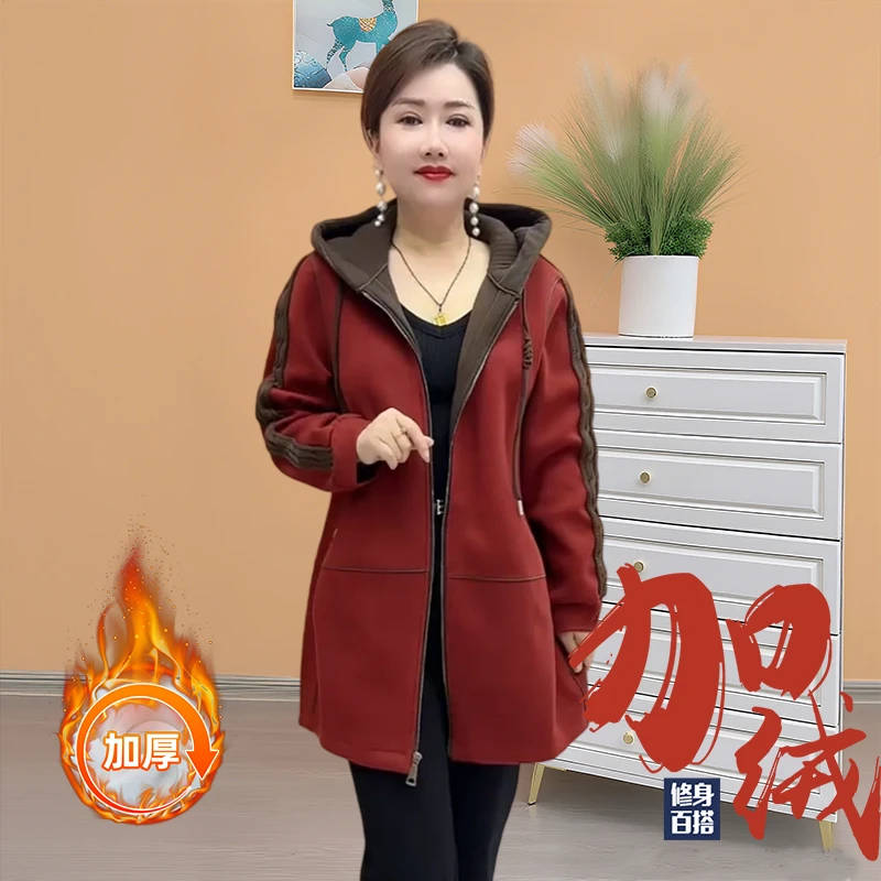 中年妈妈加绒加厚中长款连帽风衣外套秋冬新款休闲时尚百搭大衣女