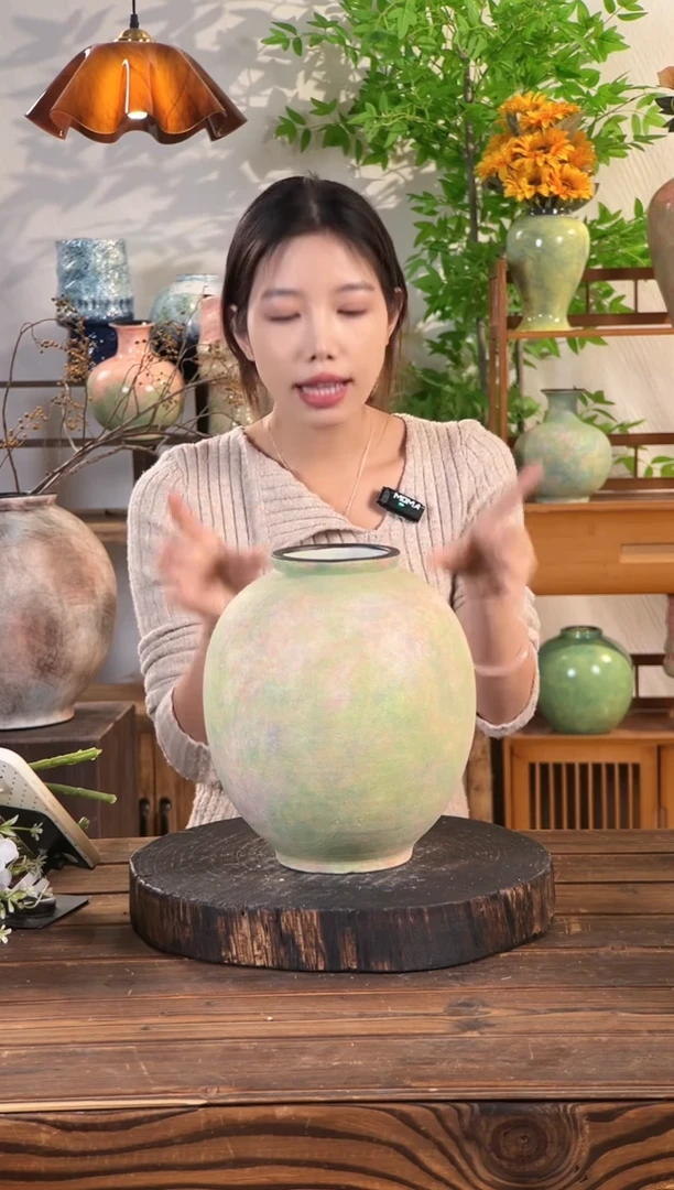 【苔点绿-小号月亮罐】无孔水培桌面陶瓷花瓶干花鲜花