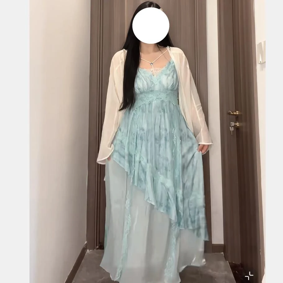 大码女装微胖MM蕾丝花边扎染盐系氛围感吊带裙两件套度假风套装