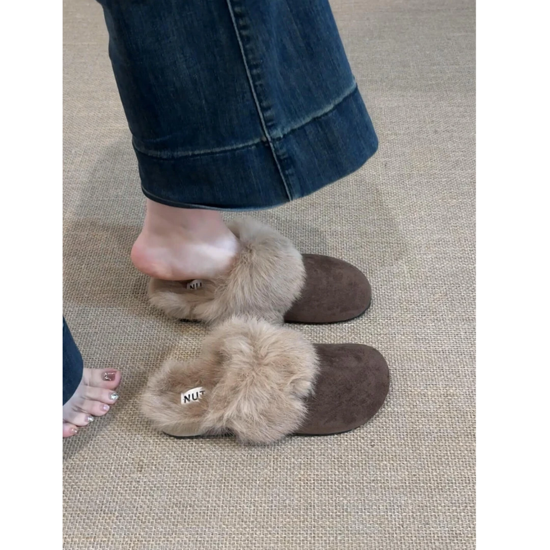 法式平底包头拖鞋女外穿冬季复古加绒保暖勃肯毛毛鞋厚底雪地棉靴