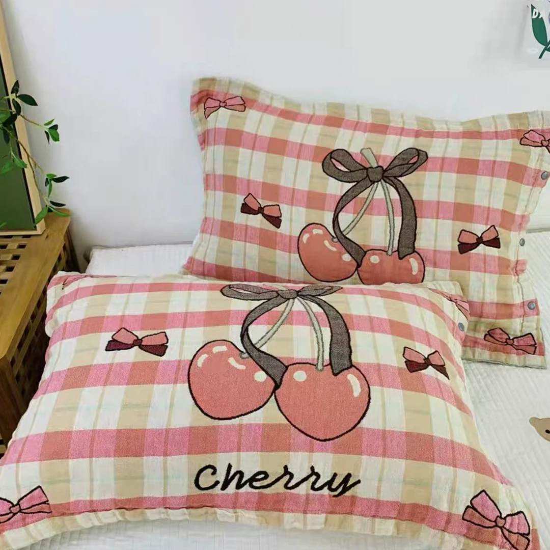 【樱桃派对】纱布棉枕巾格子可爱吸汗柔软粉色枕套枕头巾一对52*75