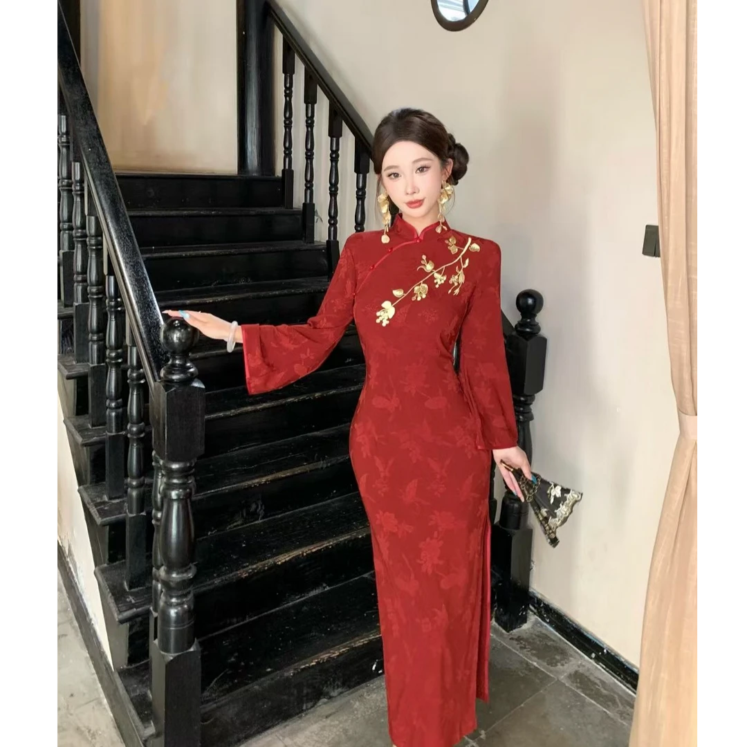 【长乐未央】绫曦秋季新款弹力旗袍单层红色订婚旗袍裙衣长125