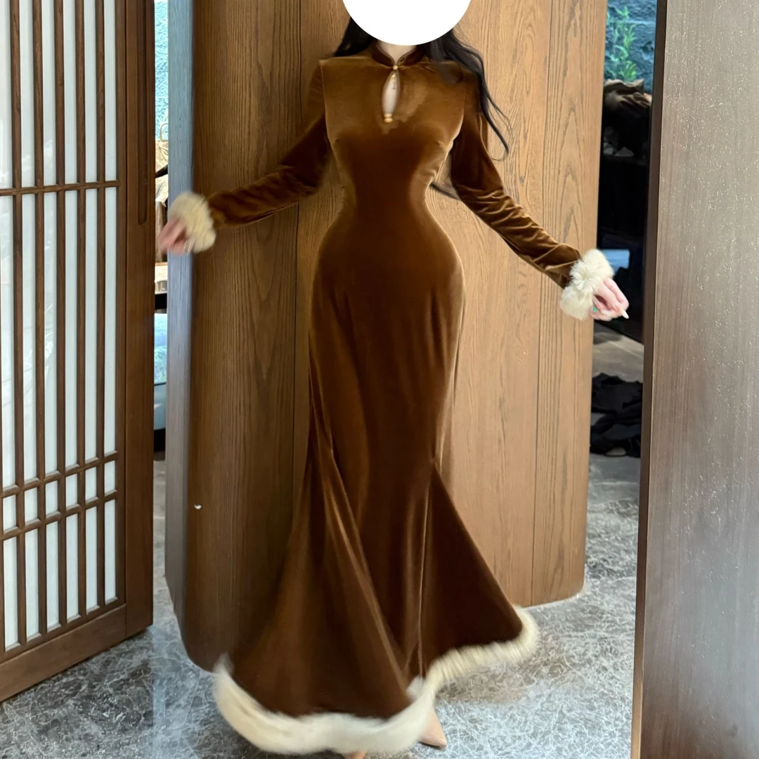 LHMknk1画报夫人原创丝绒兔毛步步生莲新式旗袍 棕色丝绒鱼尾裙