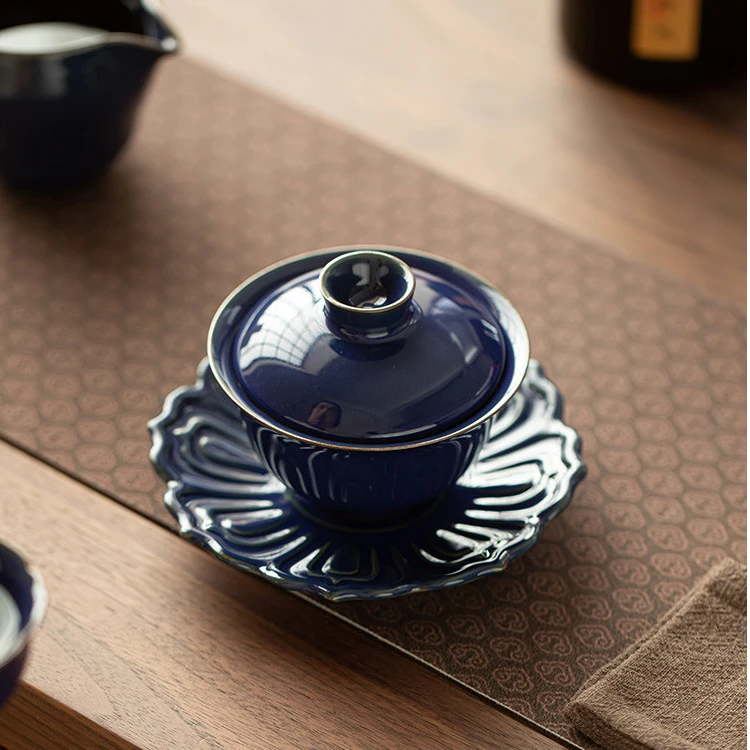 佛青元宝八瓣莲花三才盖碗家用陶瓷防烫泡茶碗功夫茶具复古瓷盖碗