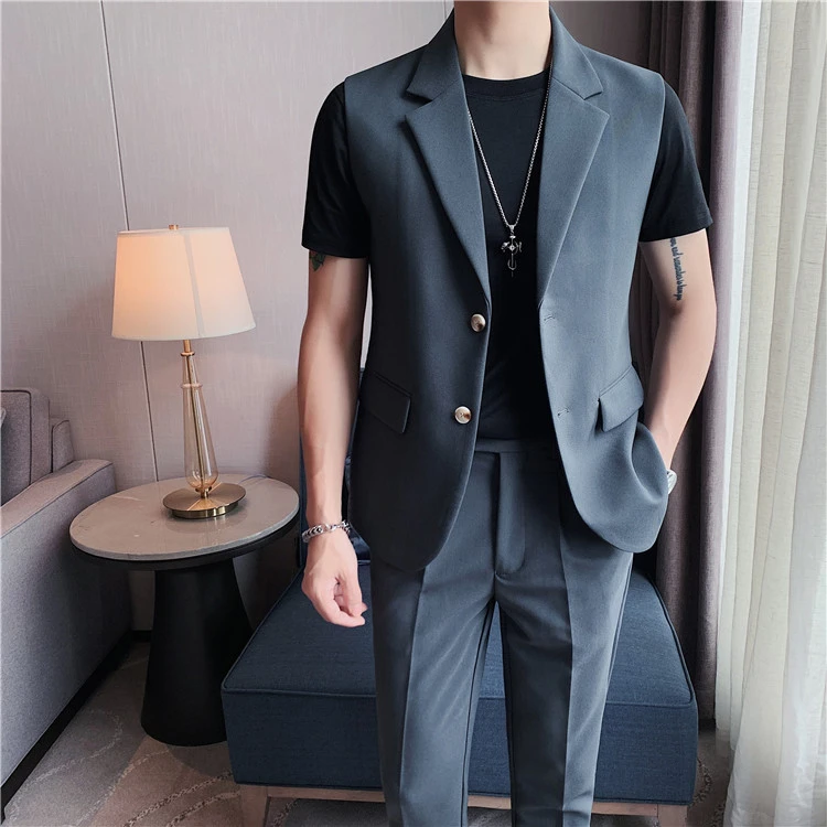 无袖西装九分裤裤子套装男士夏季纯色西服两件套休闲薄款痞帅潮流