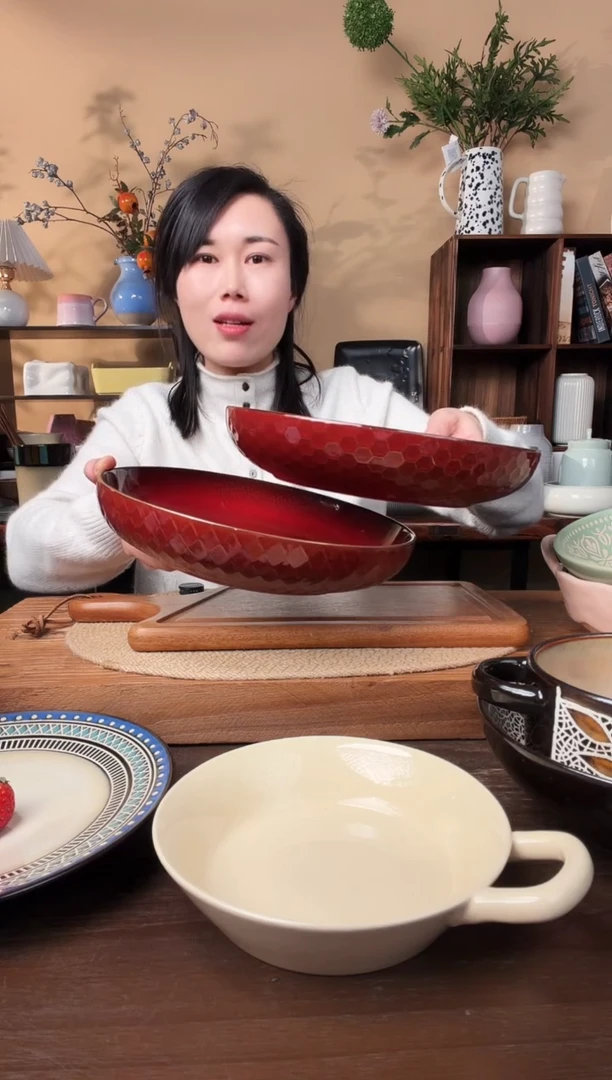 9.8英寸窑变红浮雕大汤盆2只微瑕