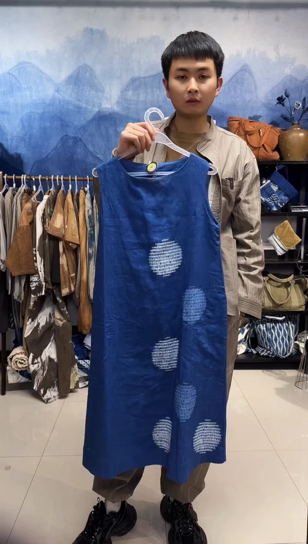 织绣手工蓝染亚麻连衣裙孤品