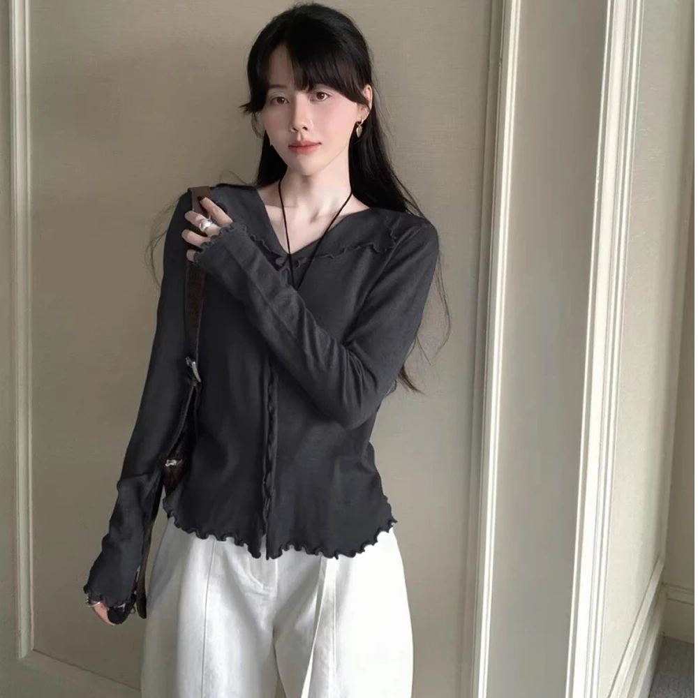 高端货~韩国东大门秋季新款女设计感洋气v领木耳边长袖显瘦小衫