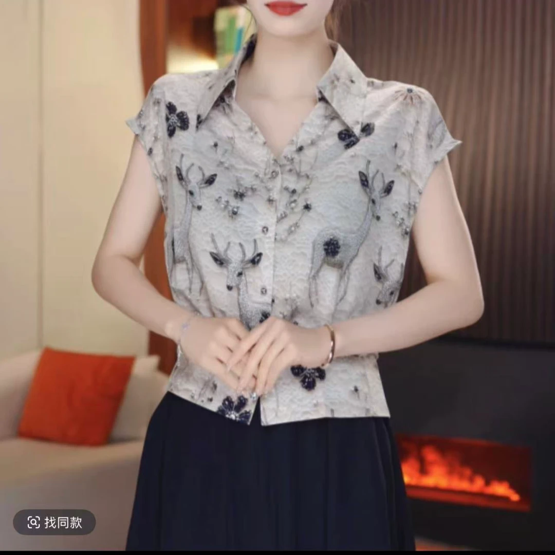 2025夏季新款气质百搭轻奢翻领印花短袖衬衫女装设计感小众减龄潮
