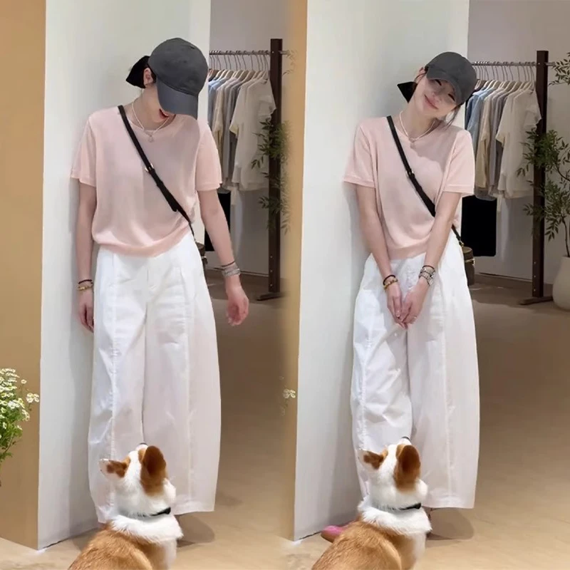 韩系小个子粉色慵懒减龄针织衫短袖上衣女宽松百搭显瘦阔腿裤套装