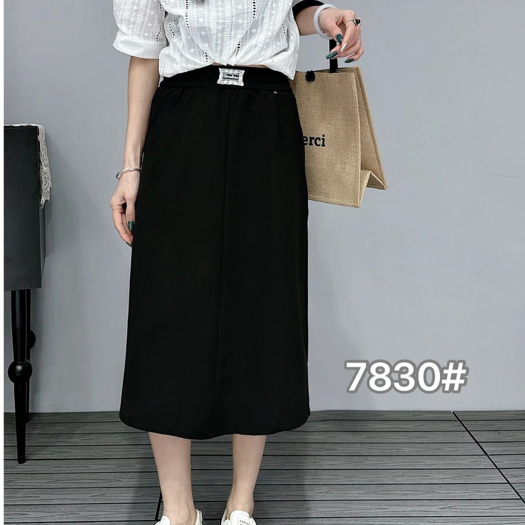 7830夏季新款【有口袋】潮流松紧腰侧边开叉休闲简约纯色半身裙