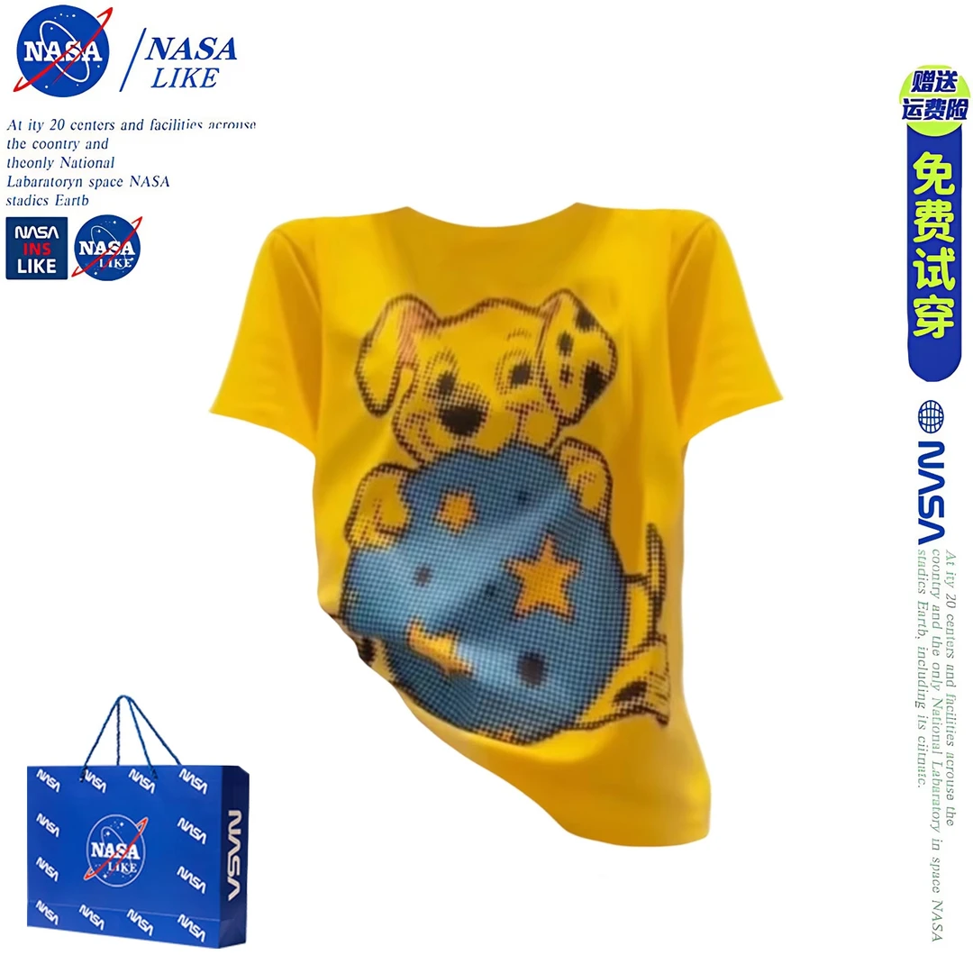 NASA美式卡通趣味印花正肩短t恤女夏季设计感修身显瘦甜辣妹上衣