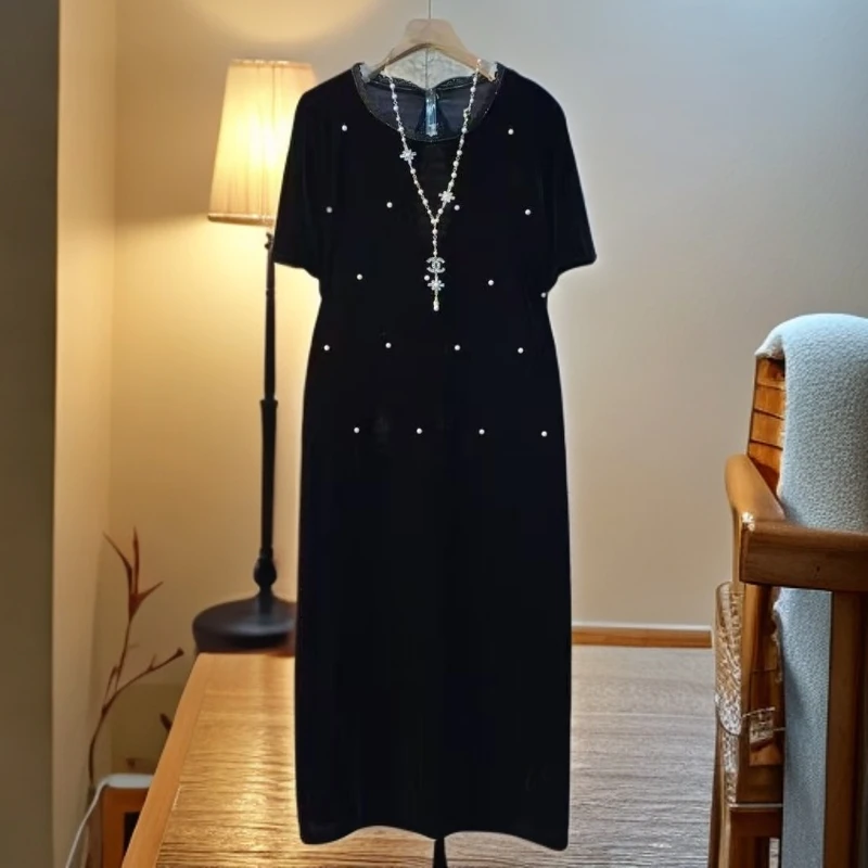 2025夏季时尚镂空美背蝴蝶结法式丝绒短袖连衣裙2561