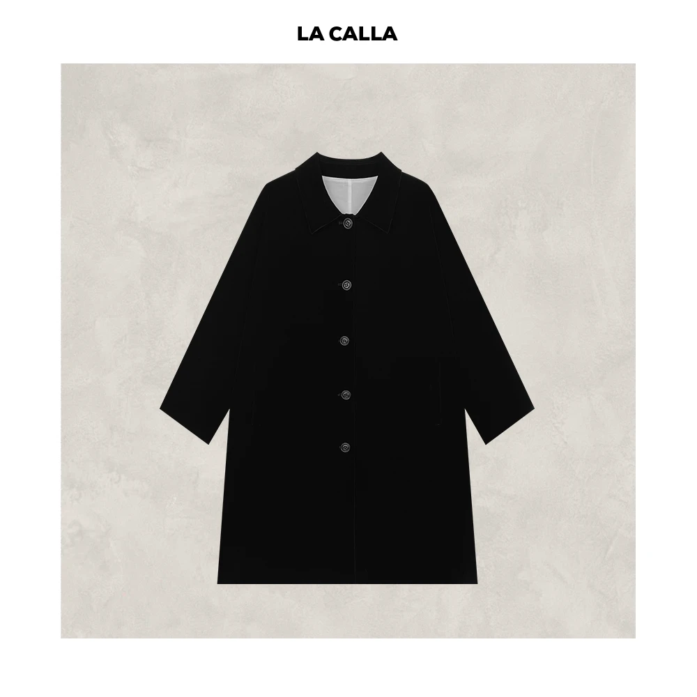 LA CALLA丝绒大衣黑色秋冬气质高级感中长款丝绒大衣YY1822