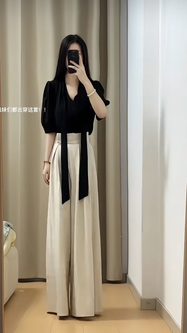 2025夏季搭配一整套装女法式高级感黑色上衣高腰阔腿裤职业两件套