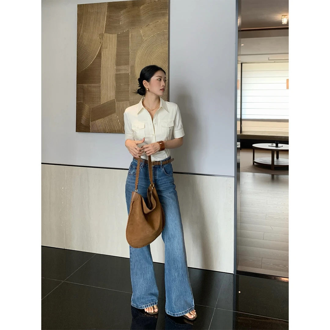 IAMJAM“质感弹力衬衫”2025夏季米杏色气质修身百搭收腰显瘦上衣