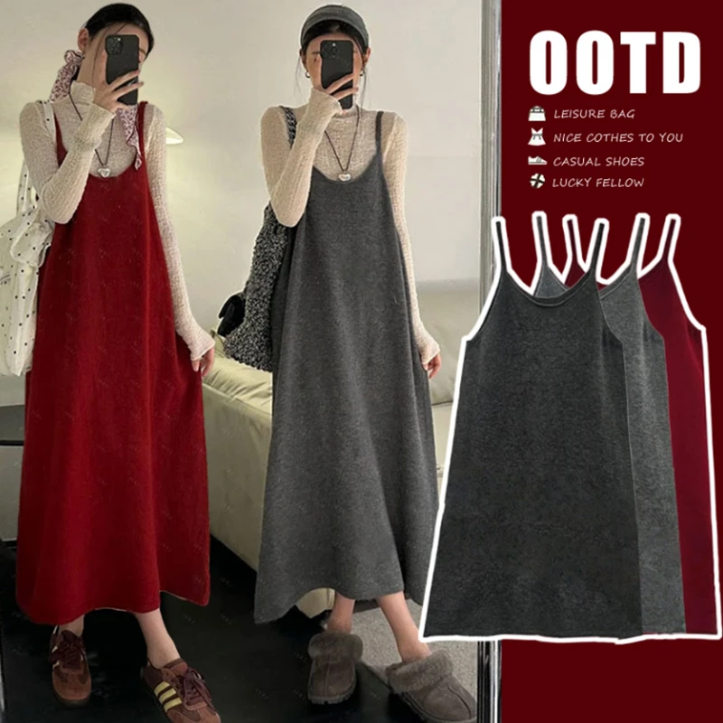 孕妇装秋连衣裙套装2025新款孕妈法式穿搭红色吊带背心长裙两件套