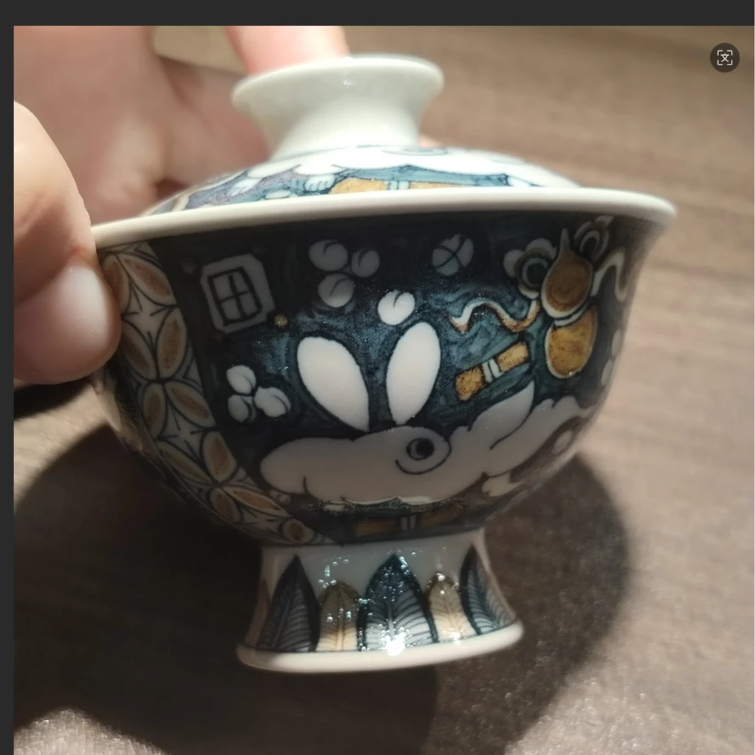 【阿茶】立勤堂青花釉里金兔子高脚盖碗
