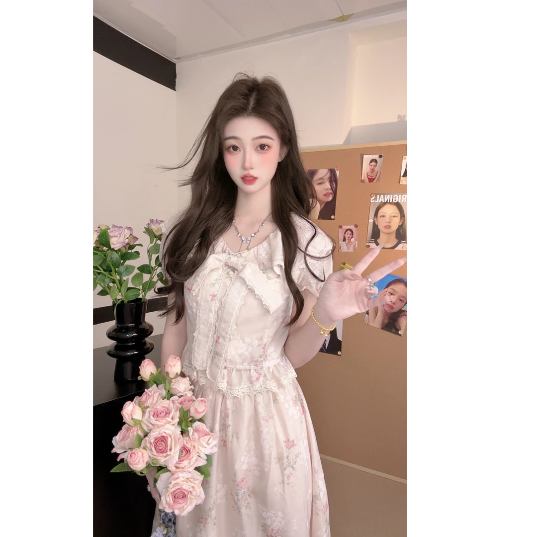 甜美粉碎花浪漫少女甜系套装长裙2025夏季新品