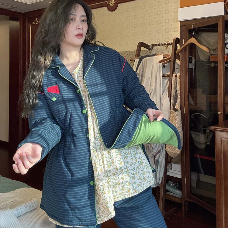 睡衣女士加厚秋冬季收腰宽松保暖里外纯棉夹棉条纹冬天家居服套装