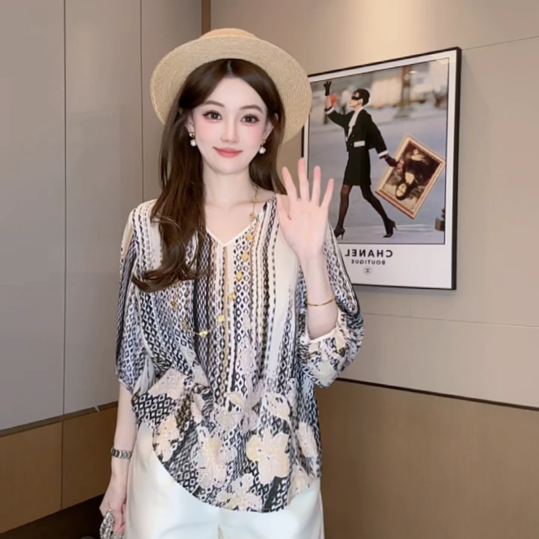 【丝芙玉禄】（F881）100%真丝双绉创意印花气质宽松桑蚕丝t恤上衣