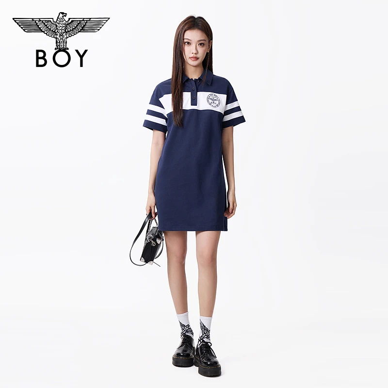 BOYLONDON新款春夏印花休闲翻领时尚针织撞色女士连衣裙W17013