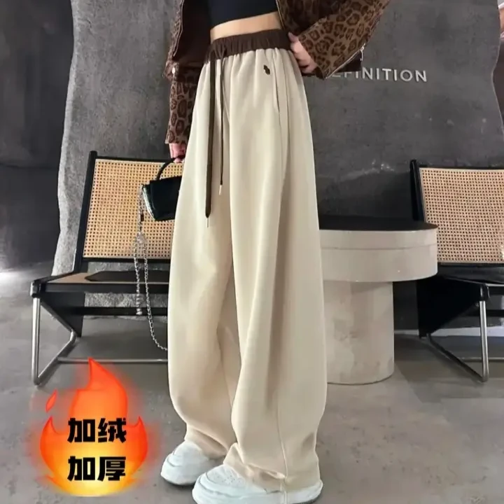 弯刀裤高腰秋冬加绒加厚保暖裤刺绣小标阔腿裤休闲裤百搭运动长裤