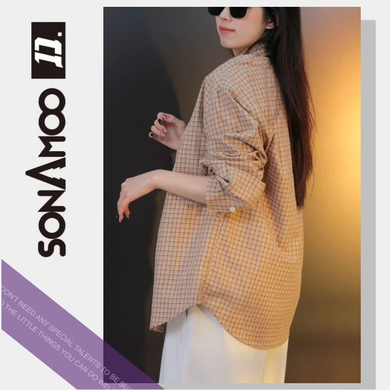 【黛仪】sonAmoo格仔喵喵长袖衬衫复古翻领时尚格子外套D13322
