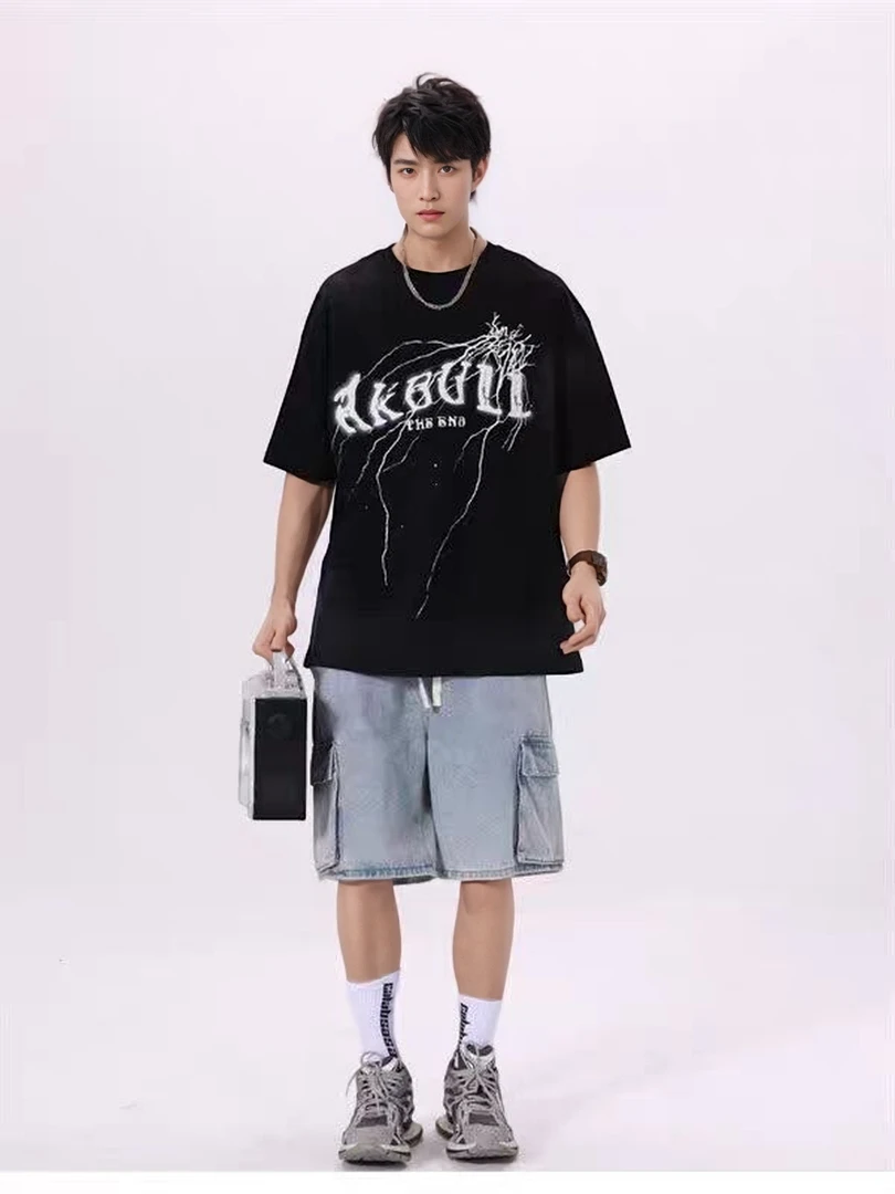 美式复古潮牌水洗设计款短袖t恤宽松印花街头潮流夏季百搭24120