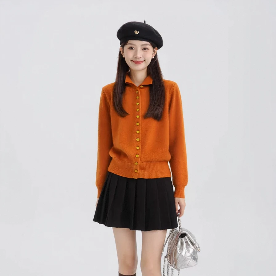 奢姿2025冬季新款大码女装翻领南瓜刺绣针织开衫胖妹妹复古风上衣