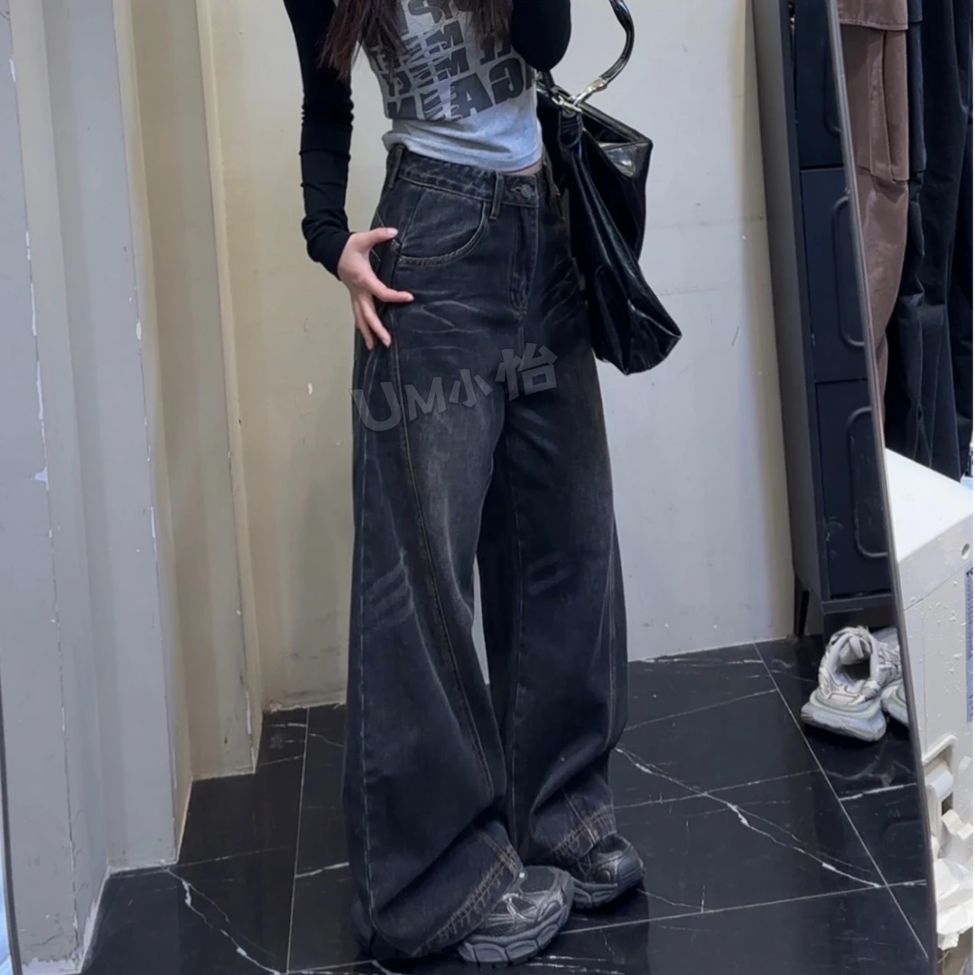 鑫怡定制【古铜黑曜】2025年早春春款水洗潮流宽松阔腿牛仔裤
