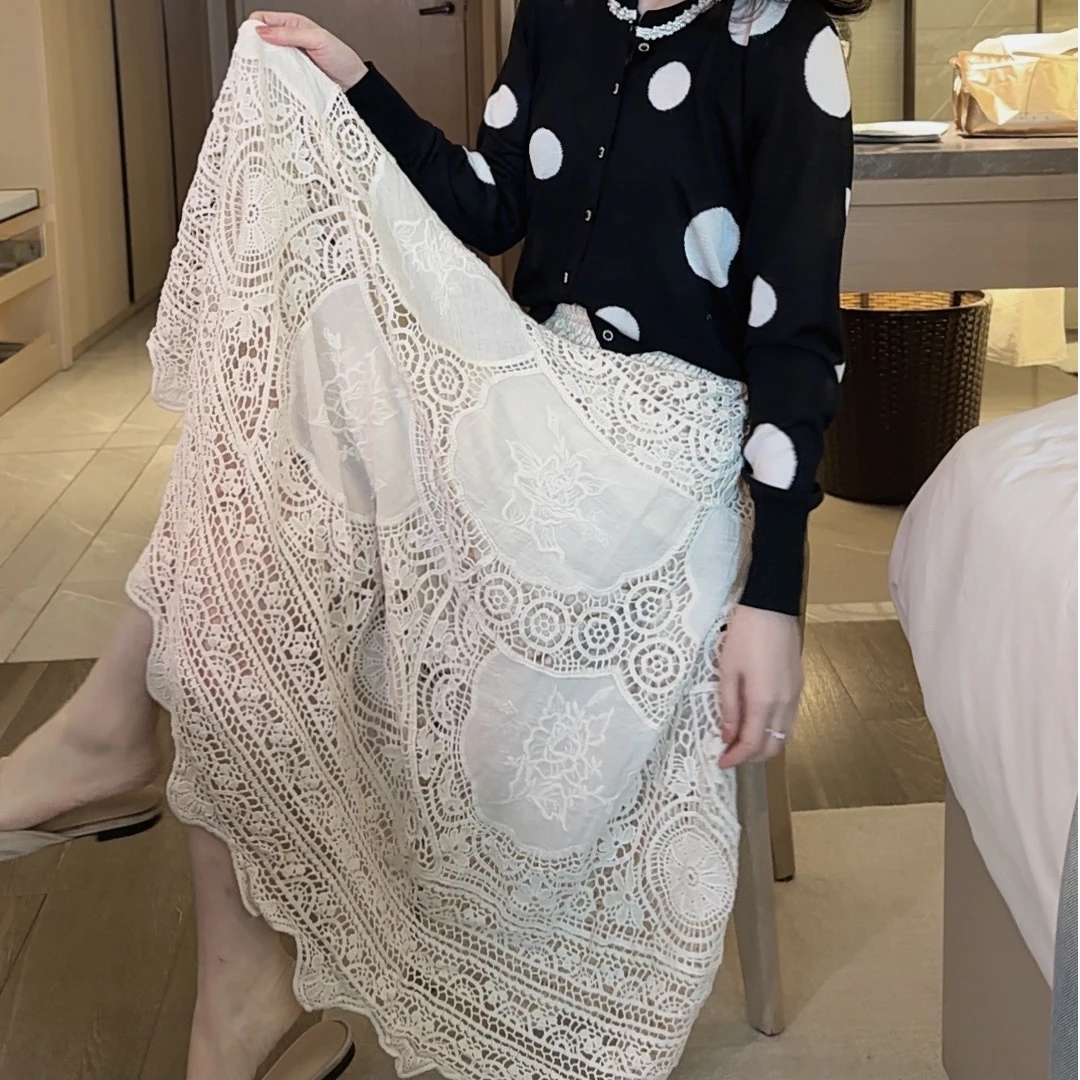 【悦悦专属】重工钩花镂空设计松紧针织裙A字半身裙Y71