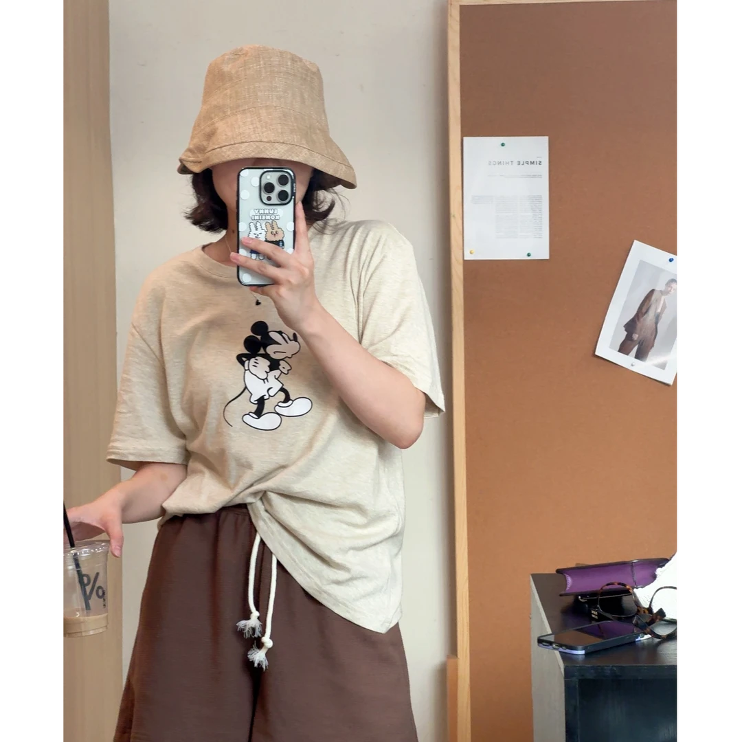 SANSAN“偷感米奇”美式卡通印花宽松短袖T恤