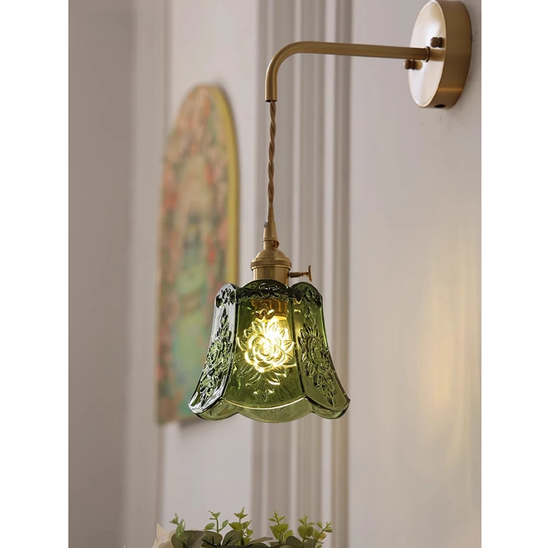 日式复古黄铜玻璃壁灯现代北欧风床头简约雕花卫生间浴室镜镜前灯