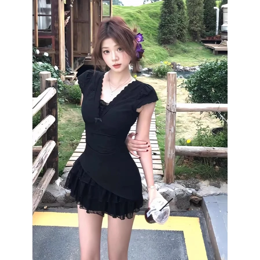 【冷冽魅惑】不规则设计蕾丝纯欲连衣裙女夏季收腰裙子短款小黑裙