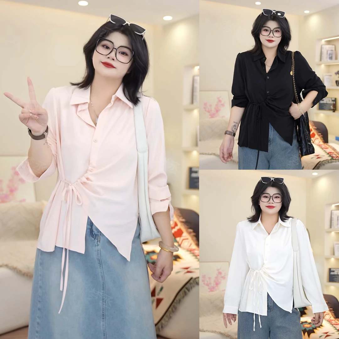 梦丞【素色心情】大码女装早秋柔软宽松显瘦百搭纯色系带长袖衬衫