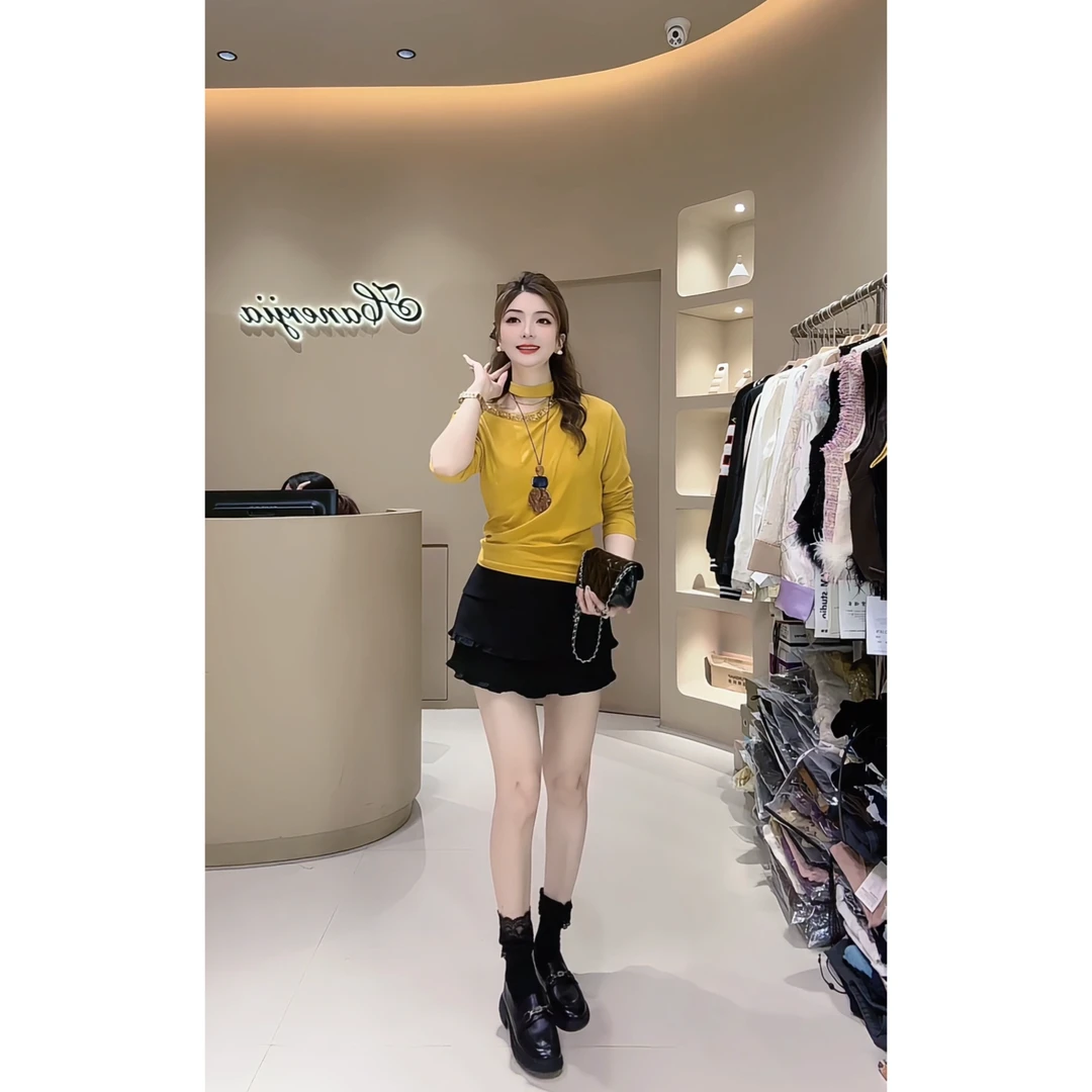 涵儿家 早秋设计感亮片挂脖长袖上衣 VS A字木耳边半裙-85911