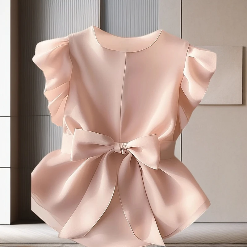 粉色荷叶袖衬衫2025新款女夏季气质高级感法式小众独特别致短上衣