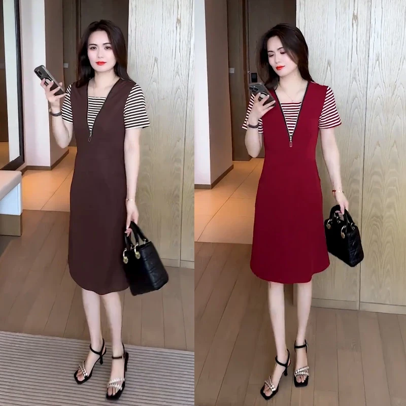 假两件连衣裙女2025夏季新款洋气宽松显瘦减龄条纹中长款裙子