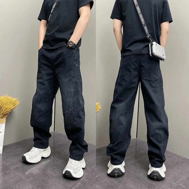 美式复古水洗黑色弯刀牛仔长裤男2025秋冬宽松百搭立体裁剪阔腿裤